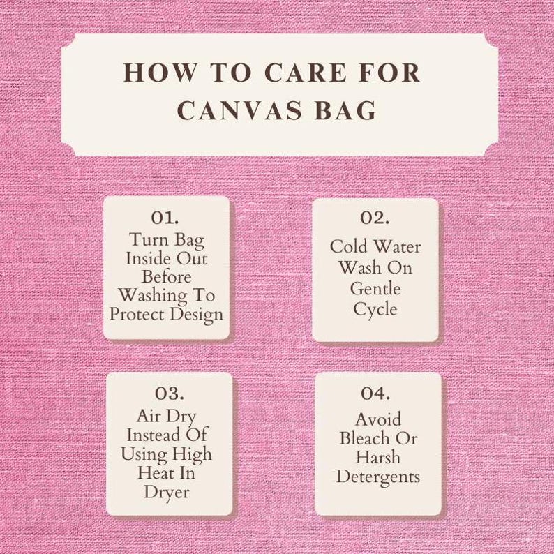 Pu&ograve; includere: Un grafico di istruzioni rosa intitolato HOW TO CARE FOR CANVAS BAG con quattro passaggi numerati: 01. Turn Bag Inside Out Before Washing To Protect Design, 02. Cold Water Wash On Gentle Cycle, 03. Air Dry Instead Of Using High Heat In Dryer, 04. Avoid Bleach Or Harsh Detergents.