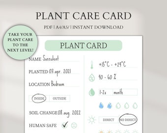 Printable Plant Care Card, Houseplant Journal, Digital Plant Care Planner, Houseplant Care, Garden Planner, Plant Diary, Watering Schedule