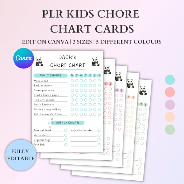 3 Kid Chore Chart Cards, Resell PLR Kids Routine Planner, Commercial Use Kids Responsibility Template, PLR Digital Products, PLR Canva