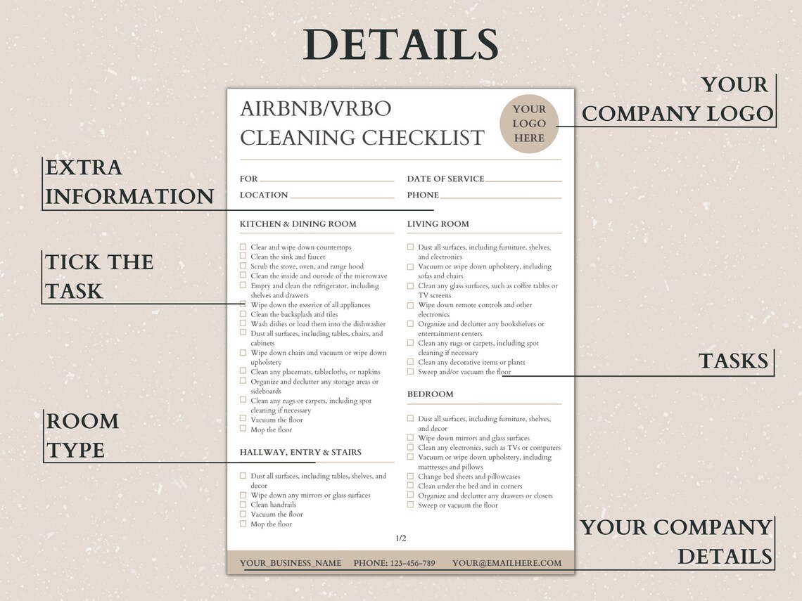 Airbnb Cleaning Checklist, Airbnb Cleaning Service Template, Edit in