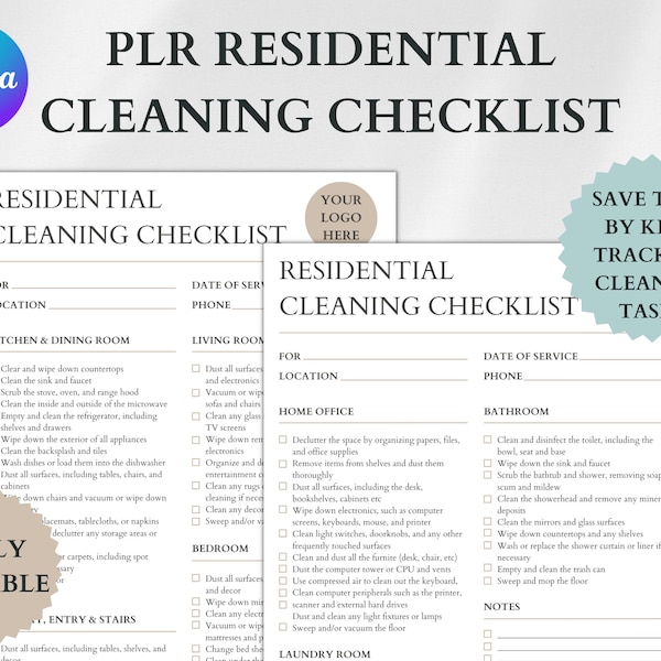 PLR Residential Cleaning Checklist, Resell Editable Canva Template, PLR Cleaning Business Form, PLR Digital Products, Cleaning List