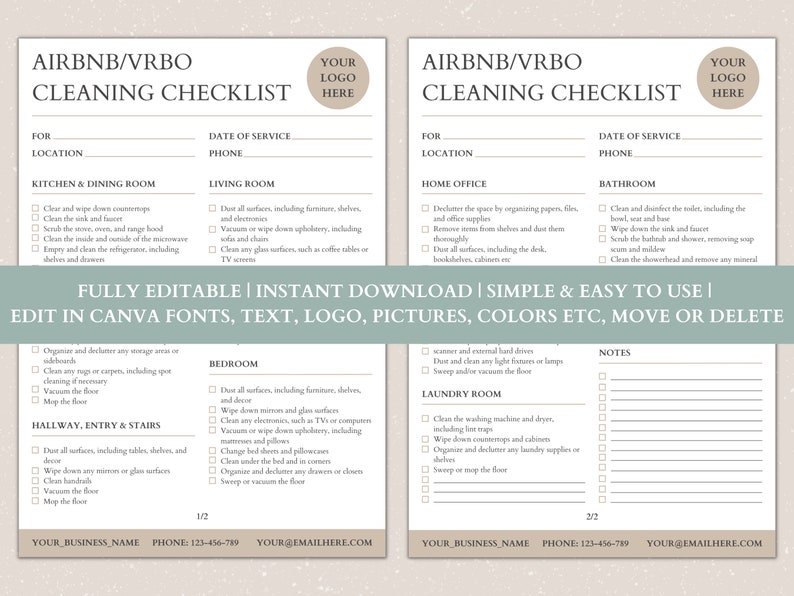 Airbnb Cleaning Checklist, Airbnb Cleaning Service Template, Edit in