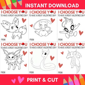 Printable Pokeman Valentine Cards AND Coloring Valentine Cards - Etsy