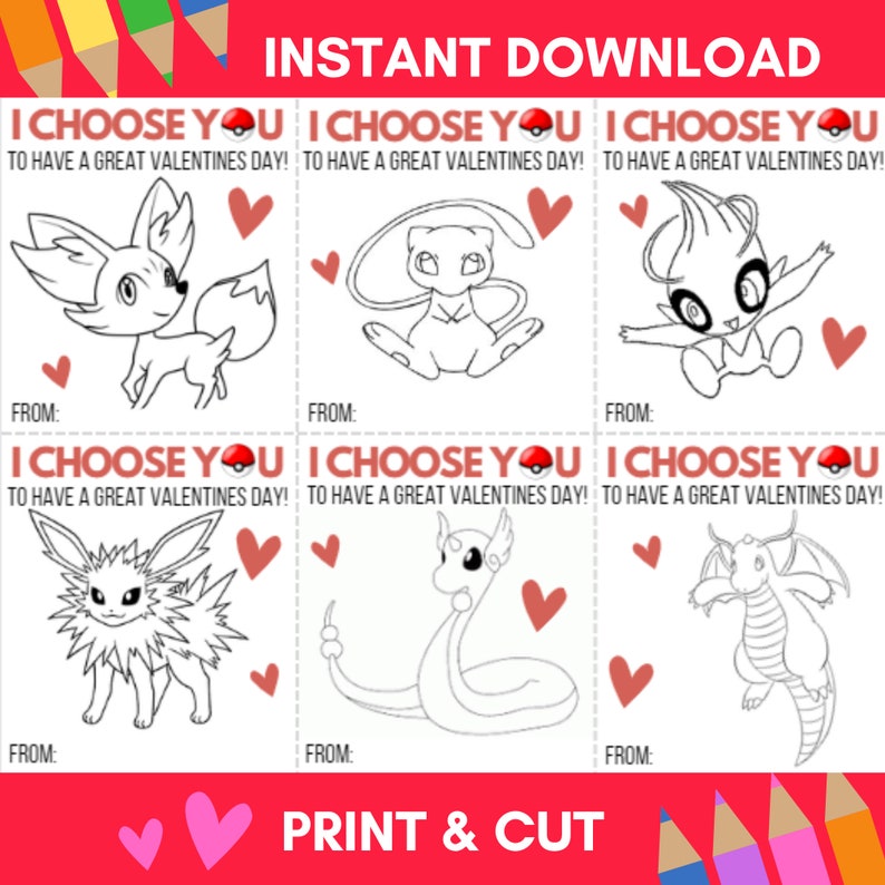 Printable Pokeman Valentine Cards AND Coloring Valentine Cards - Etsy