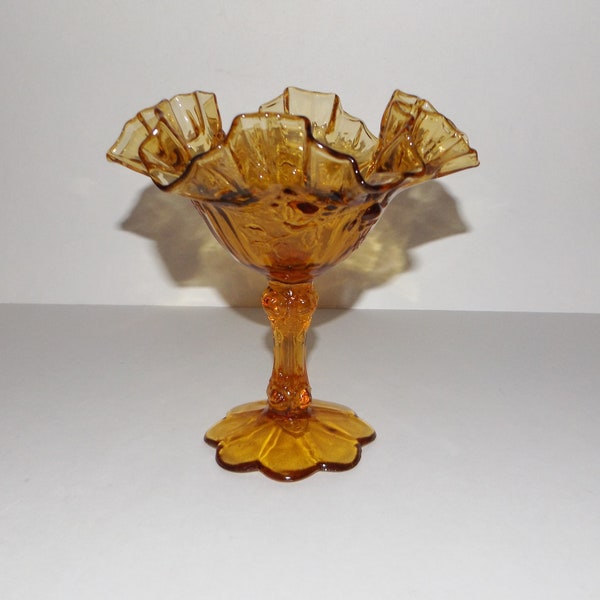 Fenton Rose Amber Glass Ruffled Crimped Edge Pedestal Compote Candy Dish