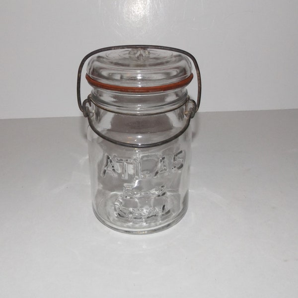 Vintage Atlas E-Z Seal Clear Glass Pint Canning Jar w/Lid, Rubber Seal & Bail