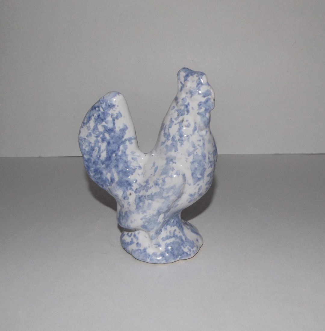 Blue Spongeware Ceramic 5 1/2 Rooster Figurine Etsy