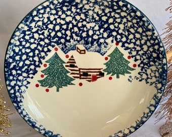 Vintage Folk Craft Dinner Plate 10,5" Cabin in the Snow Tienshan Spongeware Kerstbord Feesttafel Vintage Kerstcadeau voor haar