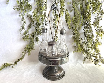 1800s Antique Victorian Cruet Set Silverplate Meriden Glass Bottles Condiment Set Vintage Tableware Serveware