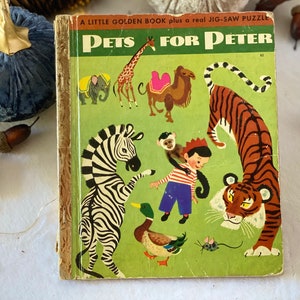 Libro infantil ilustrado único de primera edición de 1950 &quot;Mascotas para Peter&quot;, libro vintage de oro, regalo de Navidad vintage para niños y niñas.