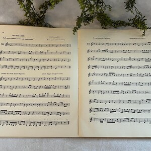 May include: Open vintage sheet music book with musical notes and text. The pages are yellowed with age, and the text includes the words "Double Dot" and "Punto Partito." Green foliage is visible in the background.