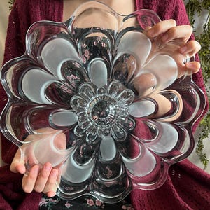 Vintage Footed Cake Stand Clear and Frosted Glass Flower Cake Plate Floral Motif Glass Chip and Dip