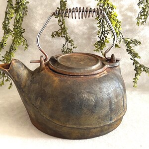 以下が含まれることがあります： ヒンジ付きの蓋とワイヤーハンドルが付いた、素朴な金属製のティーポット。 ティーポットは、注ぎ口とバネのようなハンドルを備えた、暗く古びた外観をしています。 ヴィンテージスタイルのキッチン用品です。