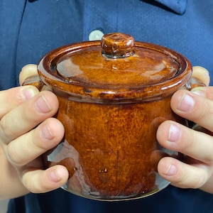 Puede incluir: Una cazuela de cerámica marrón con tapa. El plato tiene un acabado brillante y dos asas. La tapa tiene un pequeño pomo en la parte superior. El plato está sostenido por dos manos.