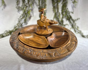 LARGE Vintage Hand Crafted Sectioned Lazy Susan Monkey Pod Wood Mabini Philippines Vintage Filipino Wooden Kitchenware Snack Tray