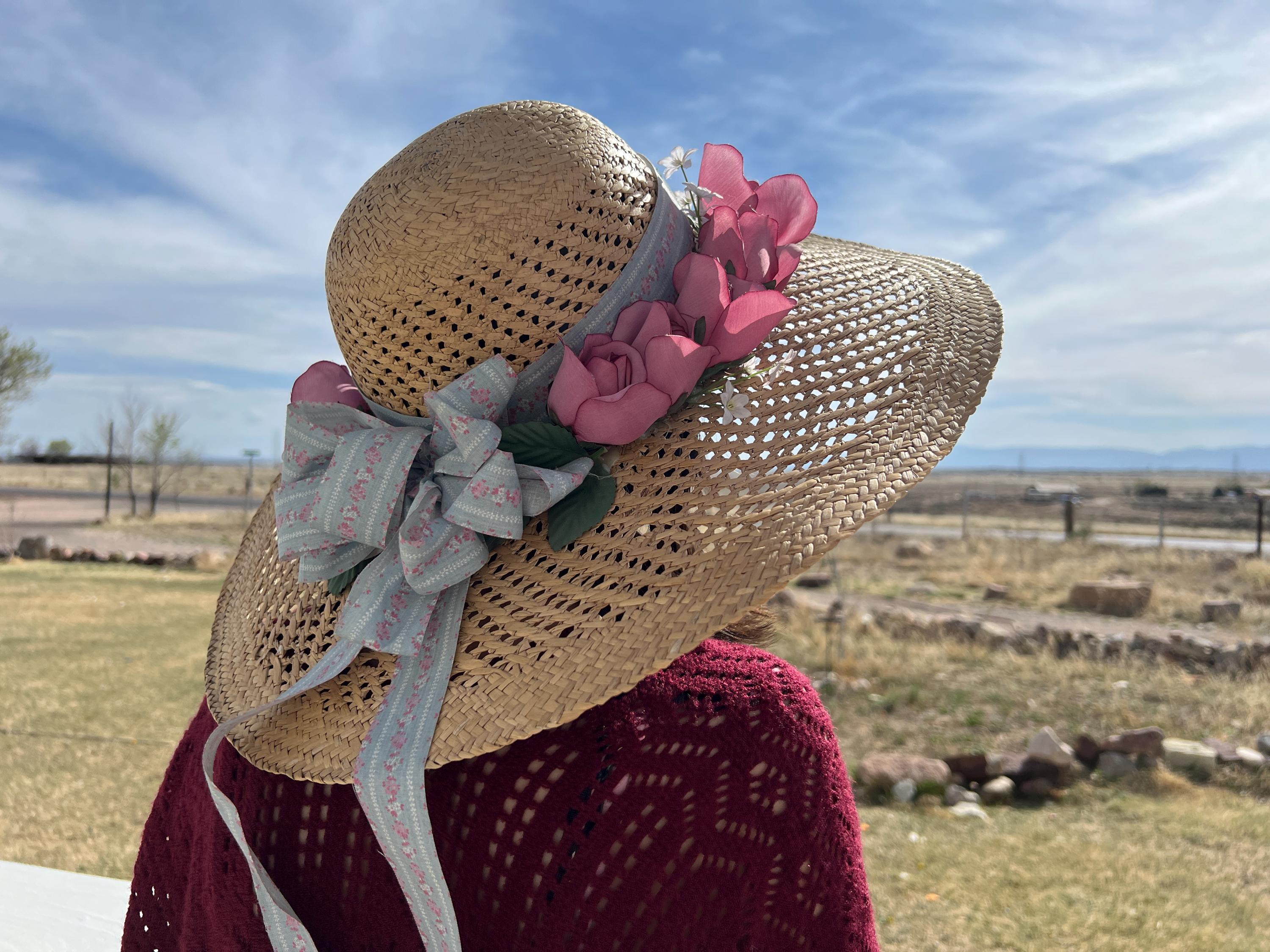 Sun Cap Roses Vintage Women's Woven Sunhat With Pink Roses and Blue Ribbon Wide Brim ...