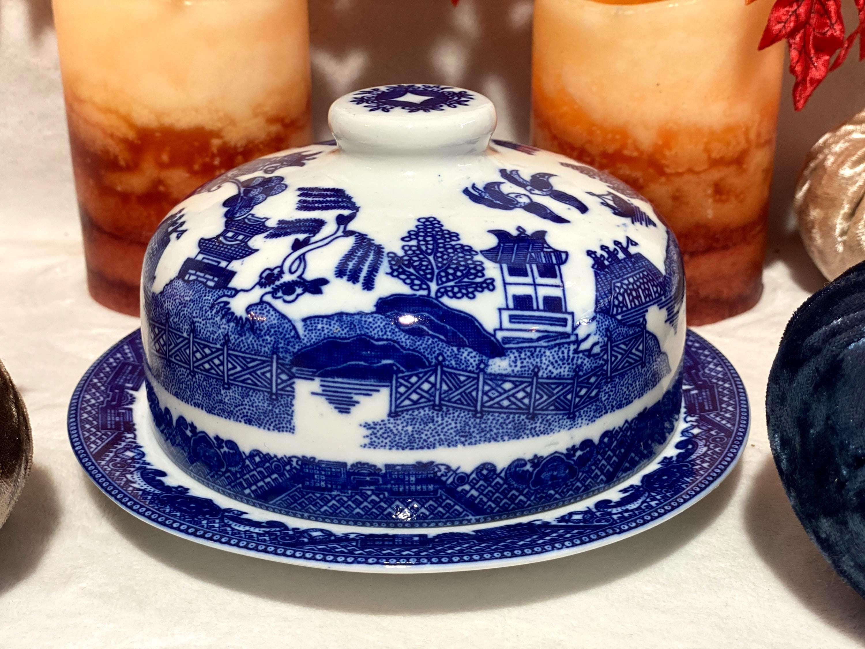 Vintage Blue Willow Covered Butter Dish Blue and White China