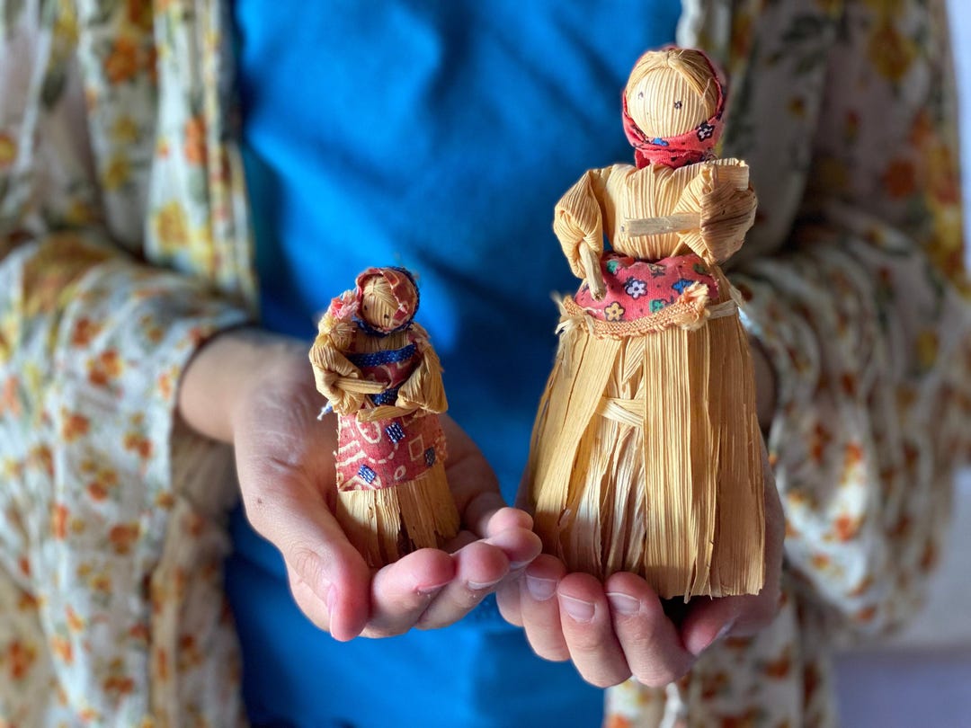 ヴィンテージのトウモロコシの皮で作られた人形セット：手作りの母娘