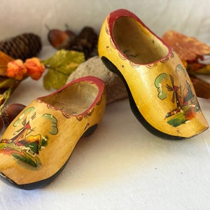 Vintage Miniature Wooden Clogs Hand Carved Hand Painted Shoes Signed by Artist Soheveningen Holland Windmills Unique Vintage Collector Gift
