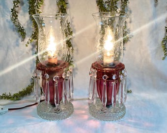 Vintage Cranberry Glass Boudoir Hurricane Lamps Vintage Home Decor Vintage Nightstand Lamps Vintage Glass Lamps House Warming Gift for Her