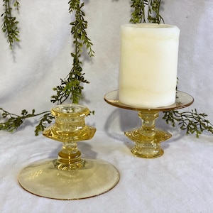 1930s Vintage Fostoria Fairfax Topaz Candlesticks Set of 2 Vintage Amber Glass Taper Holder Vintage Home Decor Yellow Glass House Warming
