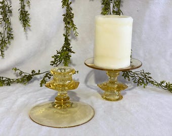 1930s Vintage Topaz Yellow Candlesticks Set of 2 Fostoria Fairfax Vintage Amber Glass Taper Holders