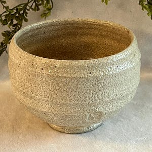May include: A handmade, textured ceramic bowl with a wide opening and a rounded base. The bowl has a speckled, off-white color with a rough, tactile surface. The interior is a darker, earthy tone. Decorative greenery frames the bowl.