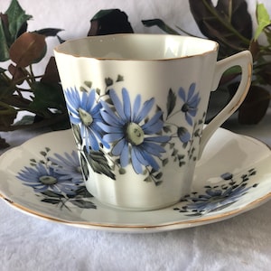 Vintage English Tea Cup & Saucer Royal Dover Blue Flower Teacup Bone China Made in England Vintage Gift for Her Grandma Mothers Day Gift