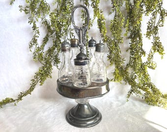 1800s Antique Victorian Cruet Set Silverplate Meriden Glass Bottles Condiment Set Vintage Tableware Serveware