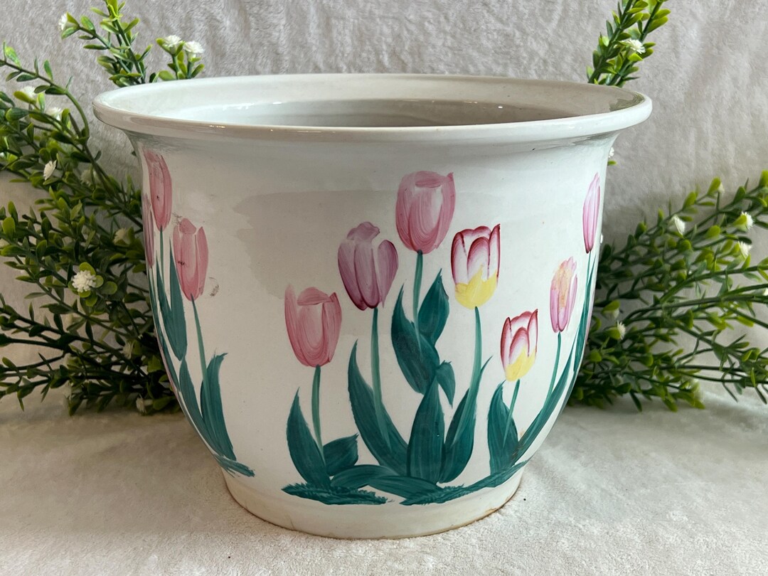 Vintage Hand Painted Ceramic Planter Pink and Yellow Tulips Spring ...