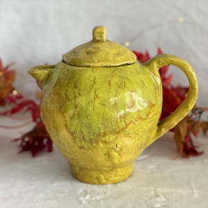 Unique Vintage Hand Crafted Yellow Green Teapot Handmade Tea Pot Hand Thrown Pottery Tea Time Tea Themed Decor, Vintage Gift for Tea Lover