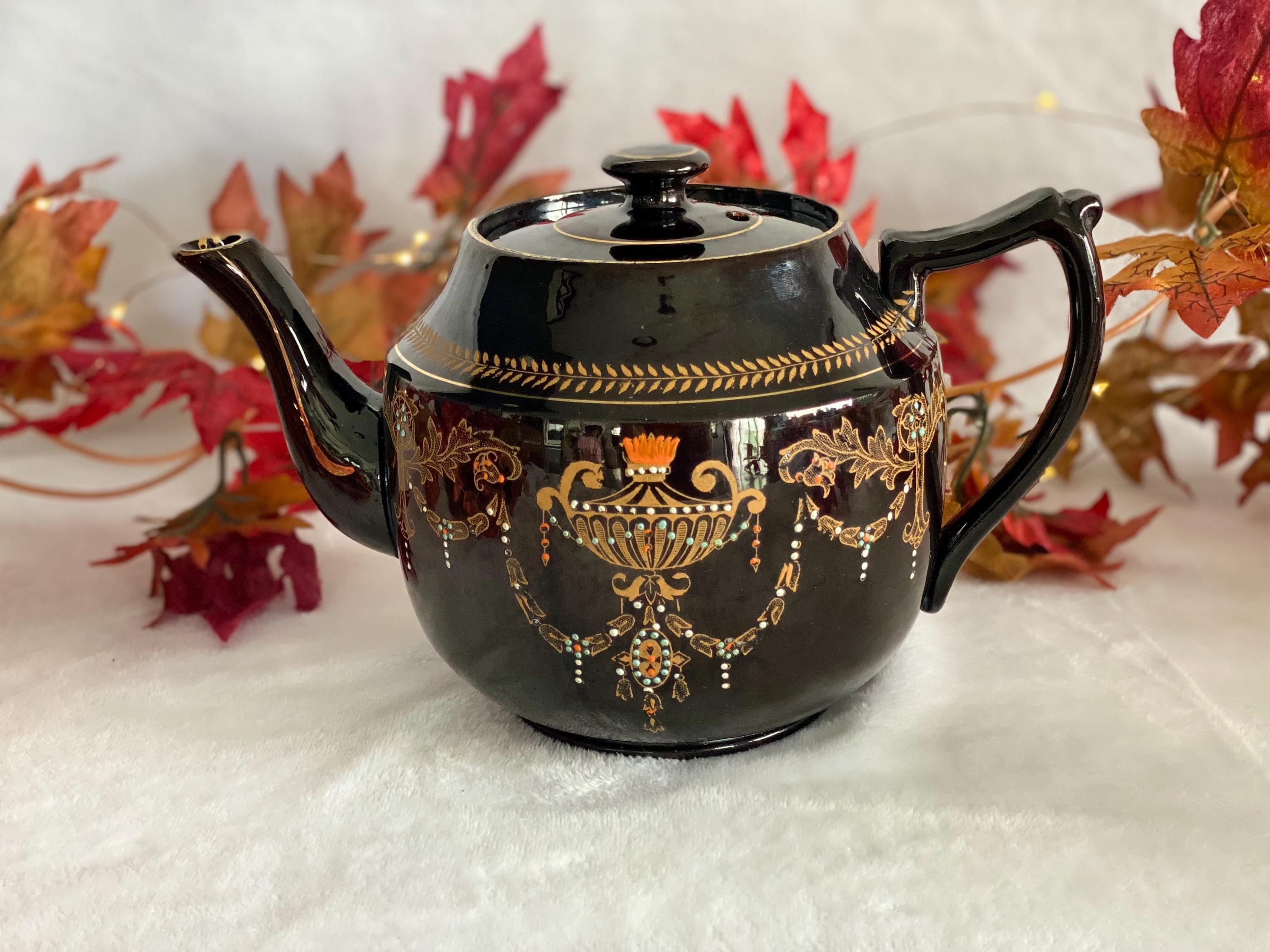 1940s Vintage Hand Painted English Teapot Ornate Black Teapot Made