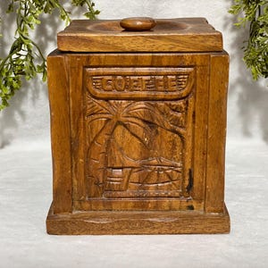 Vintage Hand Carved Wood Coffee Jar Vintage Asian Decor Vintage Wooden Kitchenware Coffee Storage Wooden Container Vintage Home Decor Gift