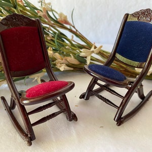 Vintage Dollhouse Wooden Upholstered Rocking Chairs Collapsible Foldable Red Blue Plush Velvet Velour 1:12, Gift Girl Collector Christmas