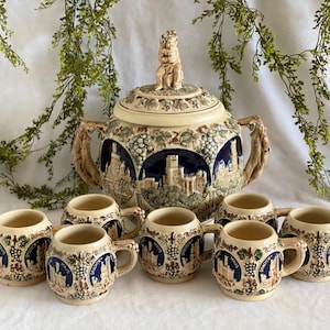 Vintage German Punch Bowl Set Wekara 7 Mugs Soup Tureen Mulled