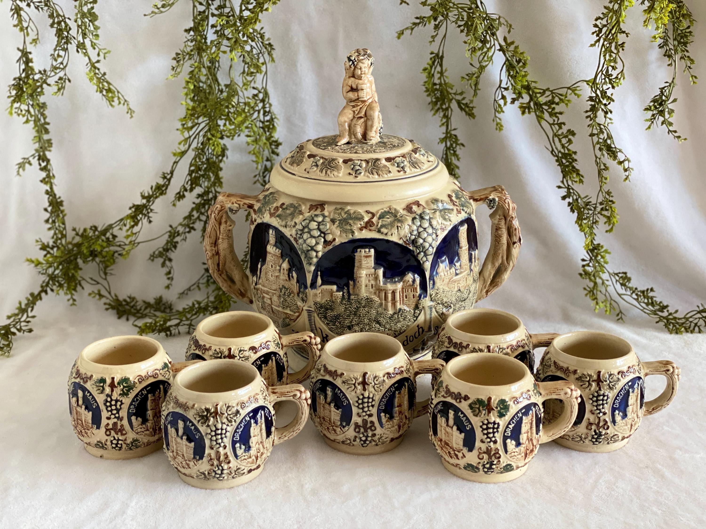 Vintage German Punch Bowl Set Wekara 7 Mugs Soup Tureen