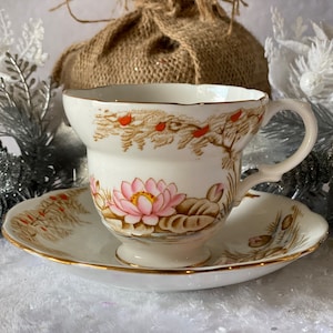 Vintage Gladstone China Tea Cup & Saucer Pink Water Lilies English Tea Cup, Vintage Christmas Gift for Her Wife Grandma Mothers Day