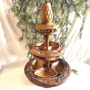 Large Vintage Hand Carved Wooden 3 Tier Lazy Susan Pineapple Tiki Sectioned Serving Tray Monkeypod Wood Stand NO Pineapple Crown