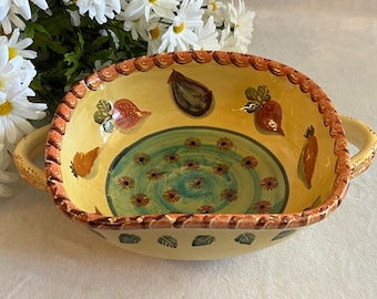 Bol de cerámica italiana vintage para centro de mesa con asas, 24,7 cm (9,75 pulgadas), cuadrado, amarillo, pintado a mano con flores y verduras.