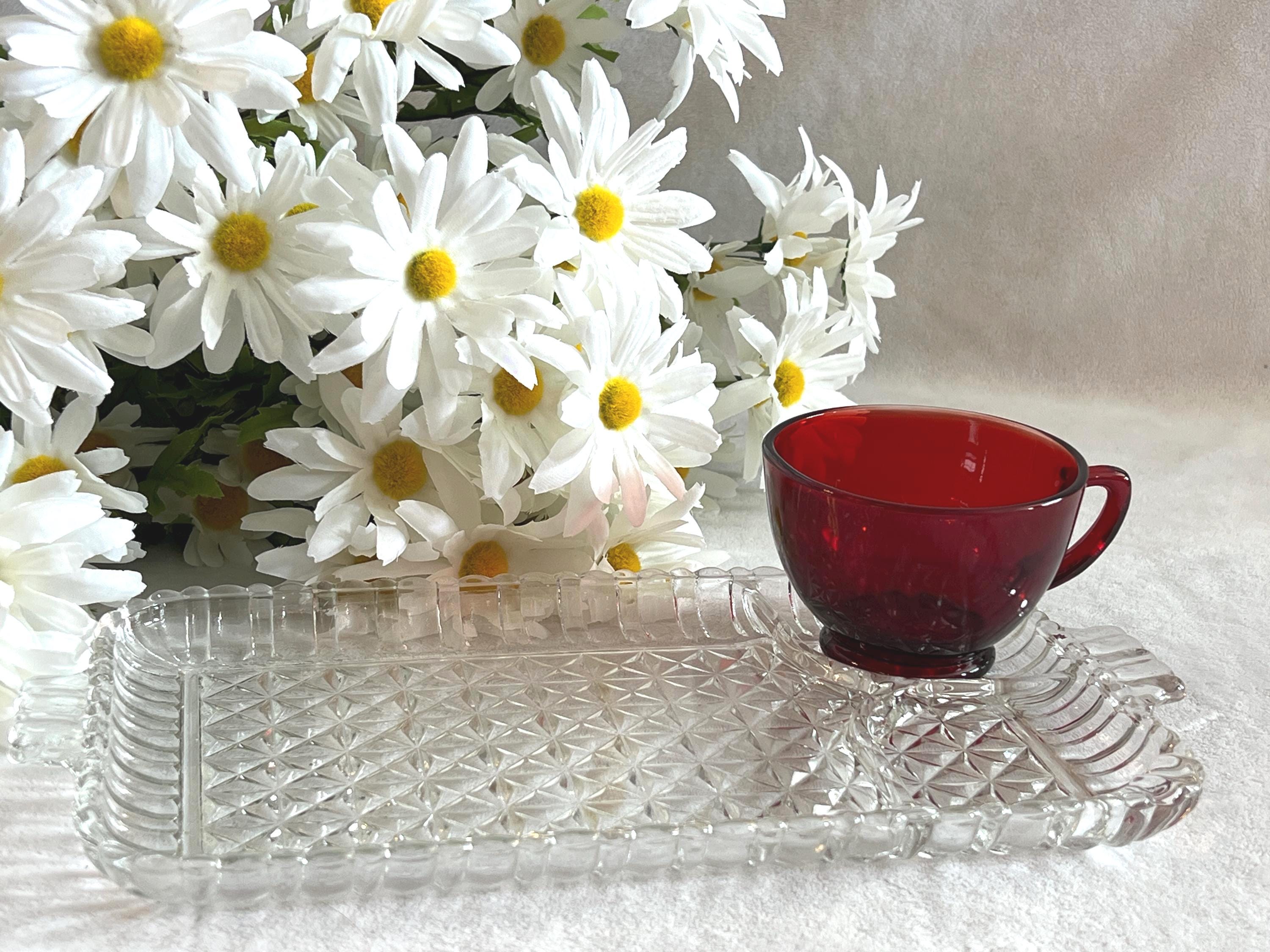 Vintage Ruby Red Punch Cup and Clear Snack Plate Diamond Pattern