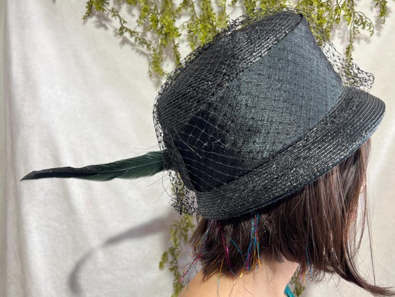 1950s Vintage Black Pill Box Cloche Hat with Netting Vintage Women's Fashion Accessories Feather Hat Union Made UHCMW 1950s Fashion