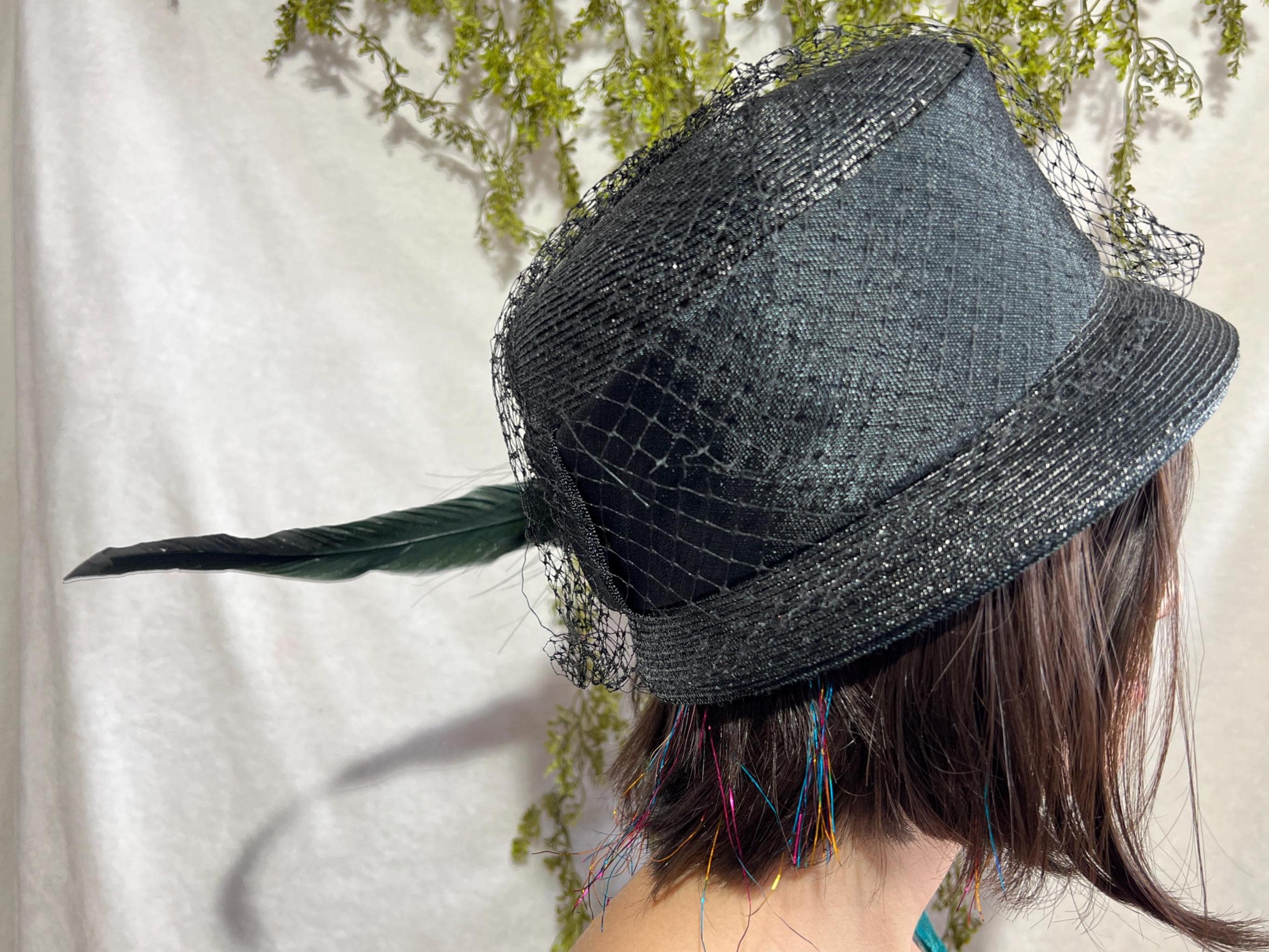 Vintage 50\'s Union Made Velour Hat Feather Band Netting Black Cocktail Tilt 21\