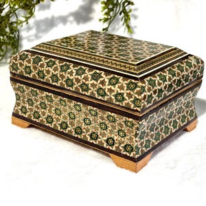 Vintage Persian Inlaid Wood Jewelry Box Khatam Marquetry Trinket Box Micro Mosaic Treasure Box Middle Eastern Gold Inlaid Box Vintage Gift