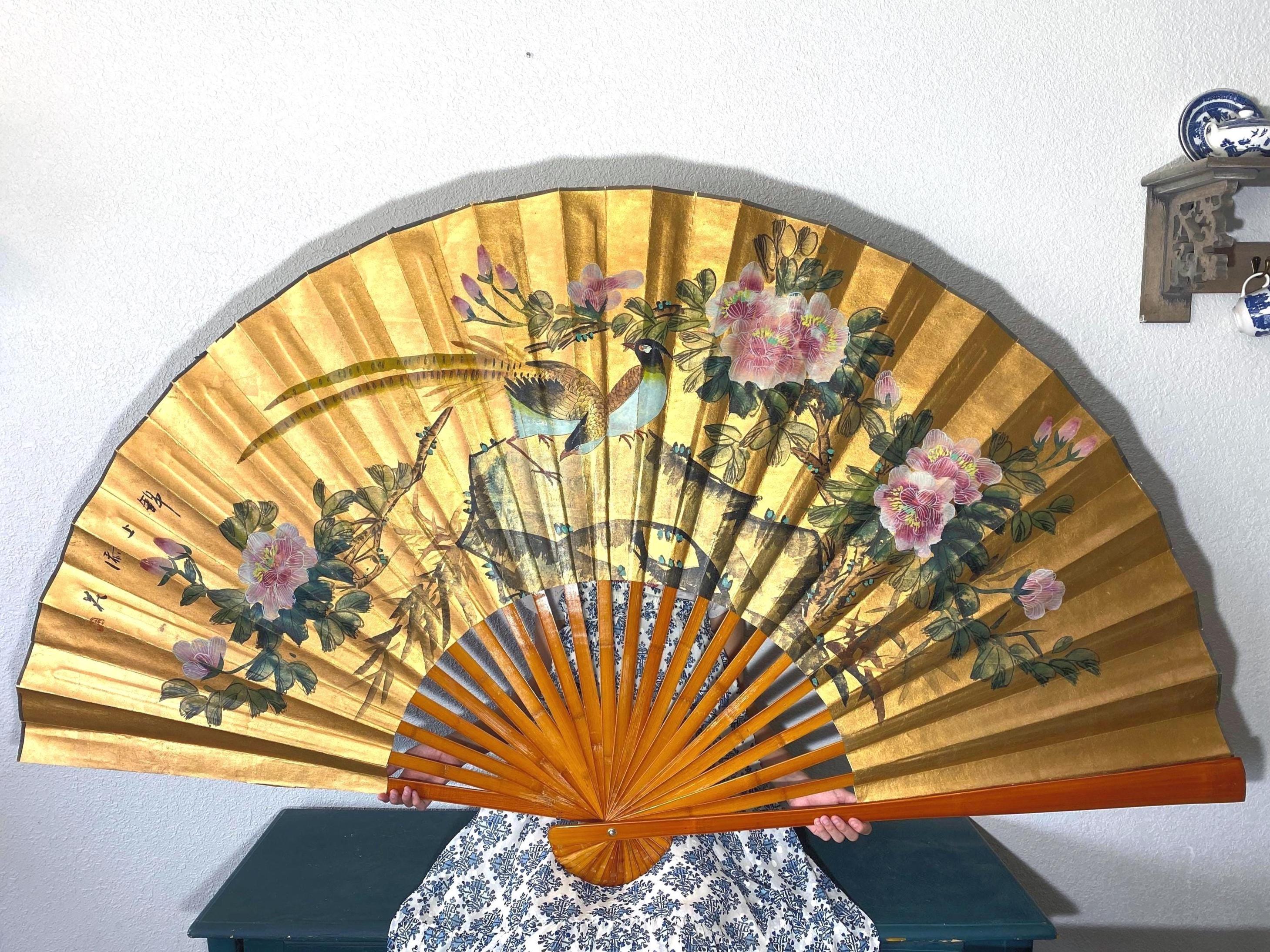 Huge Vintage Japanese Gold Leaf Wall Fan 72