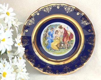 Vintage Czechoslovakia Cobalt Blue Decorative Plate with Gold Accents Epiag DF Carlsbad Fine Bohemian Porcelain Featuring Three Ladies