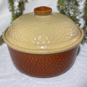 Puede incluir: Un cuenco redondo de cerámica con tapa, de aspecto martillado. El cuenco es de color marrón rojizo, mientras que la tapa es de color beige claro. El pequeño pomo de la tapa es de color marrón oscuro. El cuenco se utiliza probablemente para cocinar o servir.