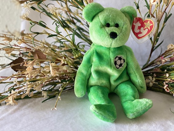 Ty Beanie Baby: Kicks the Bear 1998, Green Plush With Soccer
