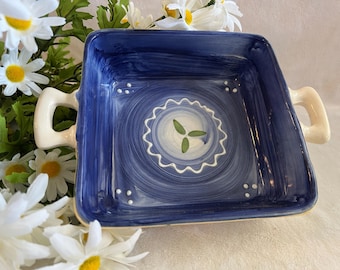 Pequeña fuente cuadrada de cerámica italiana vintage para hornear, 24,7 cm (9,75 pulgadas), pintada a mano en azul, mini cazuela.