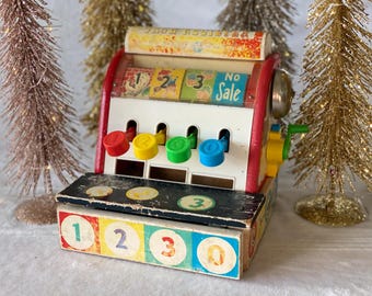 jaren 1960 vintage Fisher Price kassa Fisher Price speelgoed jaren 1960 memorabilia oud houten speelgoed kassa vintage speelgoed verzamelaar cadeau