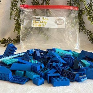 Puede incluir: Un conjunto de bloques de construcción azules y turquesas de varias formas y tamaños. Una bolsa de plástico transparente con un sello rojo contiene los bloques. La bolsa tiene la etiqueta "Blue Lego" y "Lot #16".